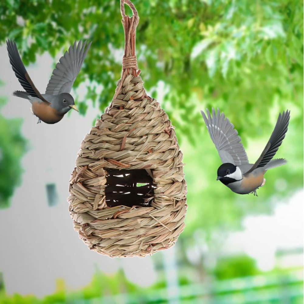Hummingbird House, Pack of 3 Grass Bird Hut, Hand Woven Hanging Birdhouse Outside Roosting Pocket Nest for Hummingbird Wren Sparrow Wicker Finch Chickadee