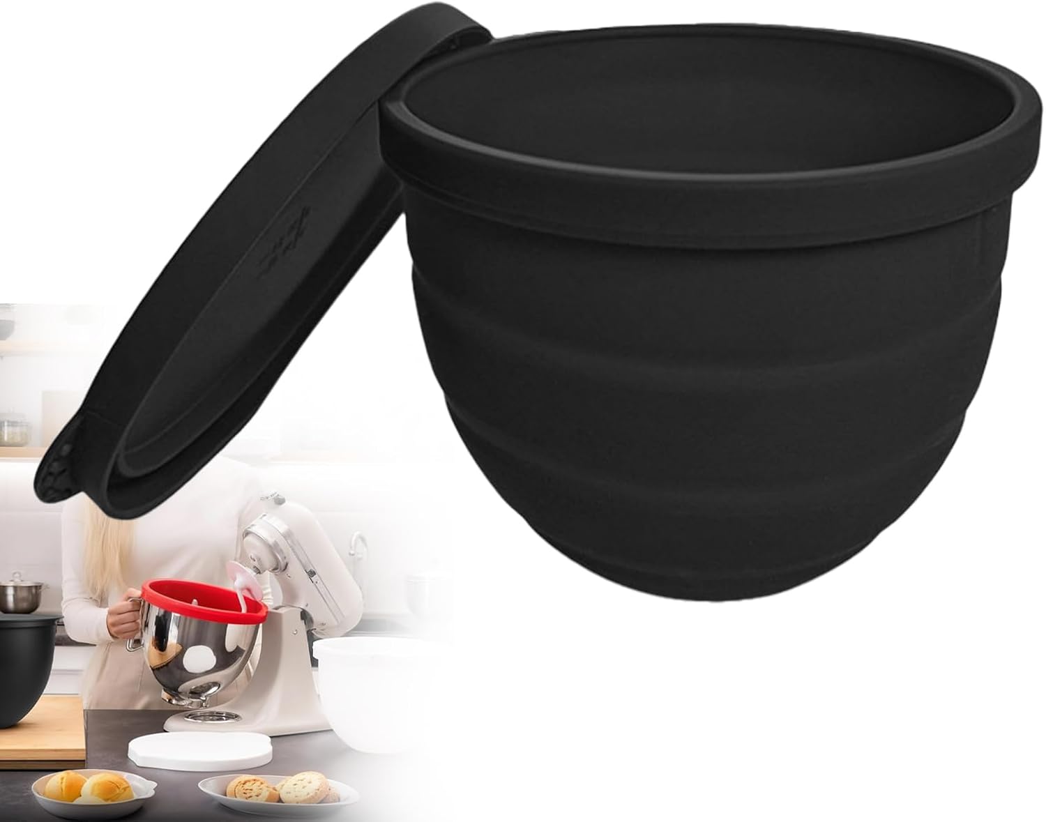 Silicone Liners for KitchenAid 5 Qt Tilt-Head Stand Mixer, Odourless,Thicker, Cold/Heat-Resistant & Non-Stick, Easy Clean, Fits 5 Quart Mixing Bowl, with Lids (1, Black)