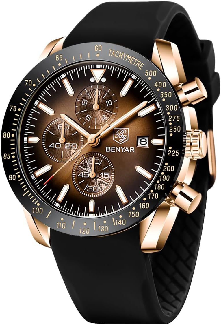 BENYAR Watch for Men Analog Quartz Chronograph Waterproof Luminous Designer Mens Wrist Watches Business Work Sport Casual Dress Watch with Silicone Strap Elegant Gifts for Men