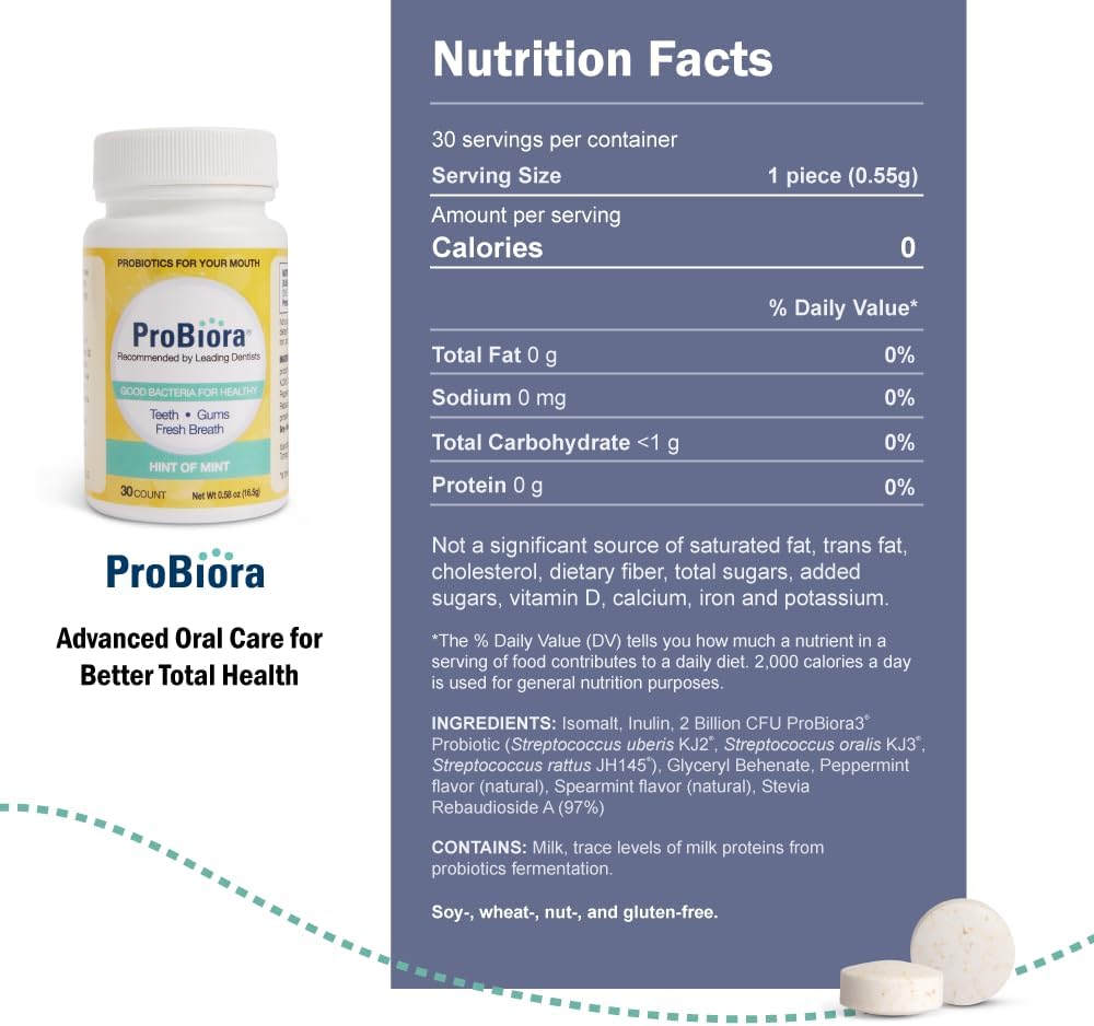 ProBiora Oral Probiotics for Teeth and Gums | Dental Probiotics for Improved Oral Health | Bad Breath Treatment for Adults | ProBiora3 Patented Probiotic Blend | Tooth Whitening | 30 Mint Tablets