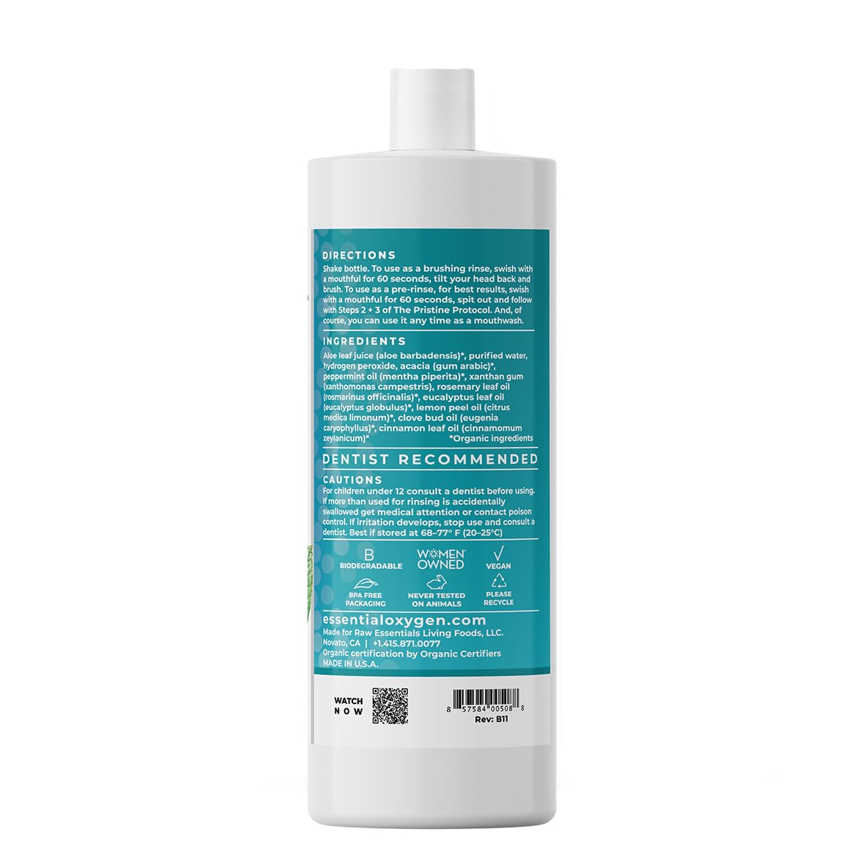 Essential Oxygen Certified BR Organic Brushing Rinse, All Natural Mouthwash for Whiter Teeth, Fresher Breath, and Happier Gums, Alcohol-Free Oral Care, Peppermint, 16 Ounce, Package may vary