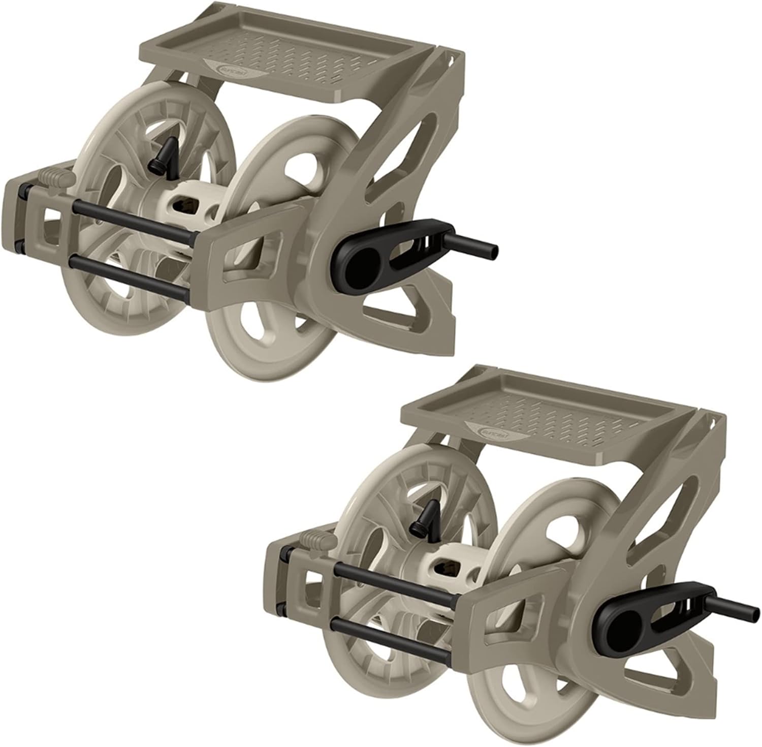 Suncast Slide Trak Garden Hose Reel, Wall-Mount Holder with Storage Tray, Dark Taupe - Outdoor Mounted Organizer for 175 Ft of 5/8" Standard Vinyl Water Hoses in Lawn and Yard