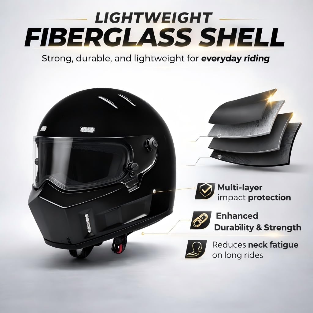 CRG Sports Retro Full Face Motorcycle Helmet, DOT Approved Fiberglass Street Bike Helmet with Clear Visor, Lightweight Cafe Racer Cruiser Motorcycle Helmet