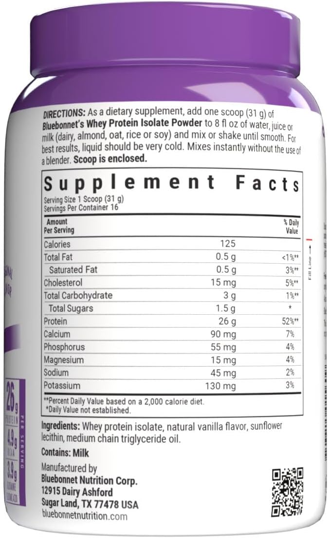 Bluebonnet Nutrition Whey Protein Isolate Powder, Whey from Grass Fed Cows, 26 Grams of Protein, No Sugar Added, Gluten Free, Soy Free, Kosher Dairy, 2.2 lbs, 32 Servings, Original Unflavored | Kosher