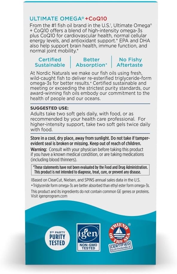 Nordic Naturals Ultimate Omega + CoQ10, Lemon - 60 Soft Gels - 1280 mg Omega-3 + 100 mg CoQ10 - Heart Health, Cellular Energy, Antioxidant Support - Non-GMO - 30 Servings