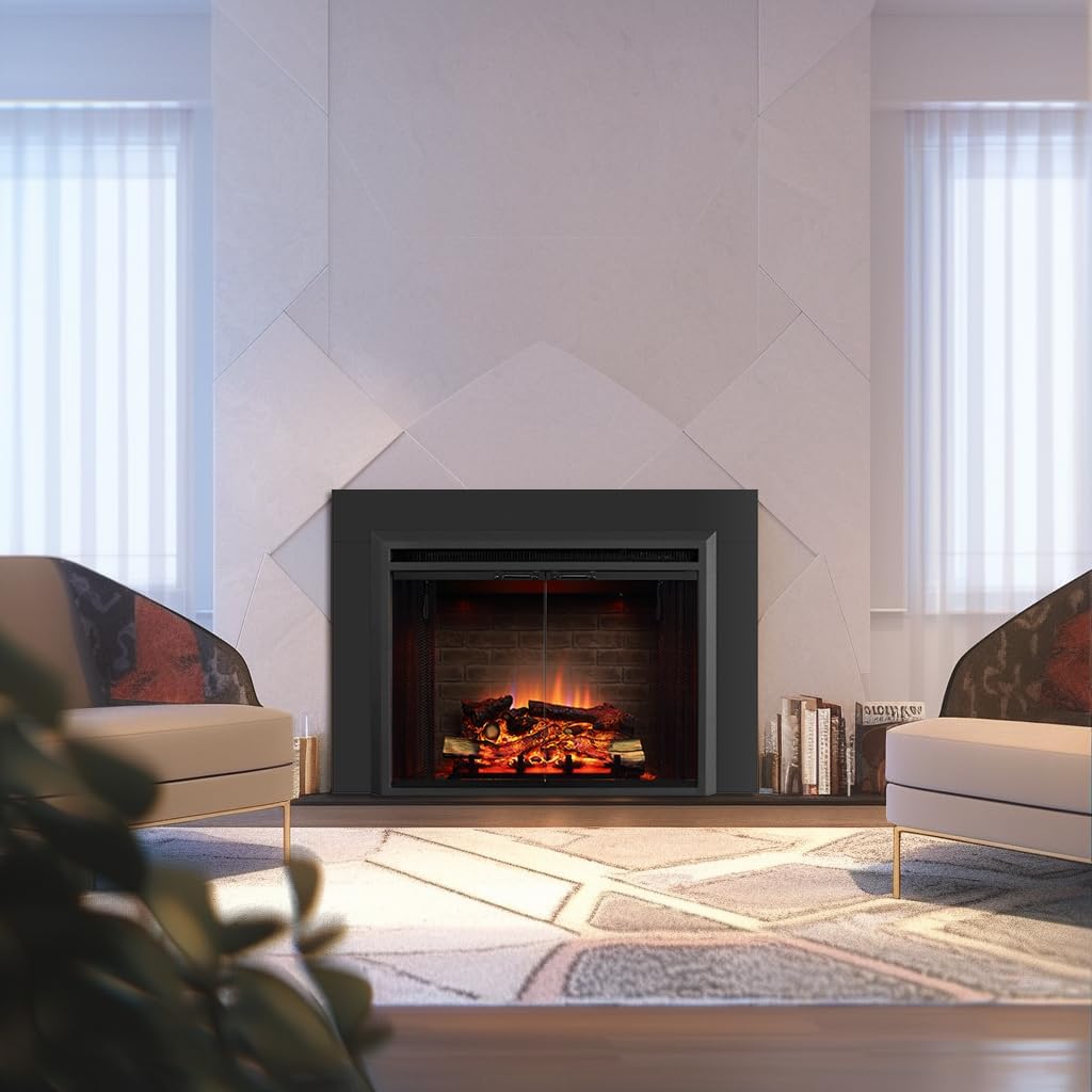 PuraFlame Klaus Electric Fireplace Insert with Fire Crackling Sound, Glass Door and Mesh Screen, 750/1500W, Black, 29 15/16 Inches Wide