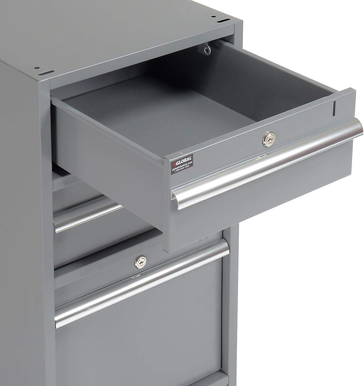 Global Industrial Pedestal Workbench, 3 Drawers & 1 Cabinet, Gray Pedestal | 72"W x 30"D x 33-5/8"H, 1-5/8" Thick Laminate Top with Safety Edge