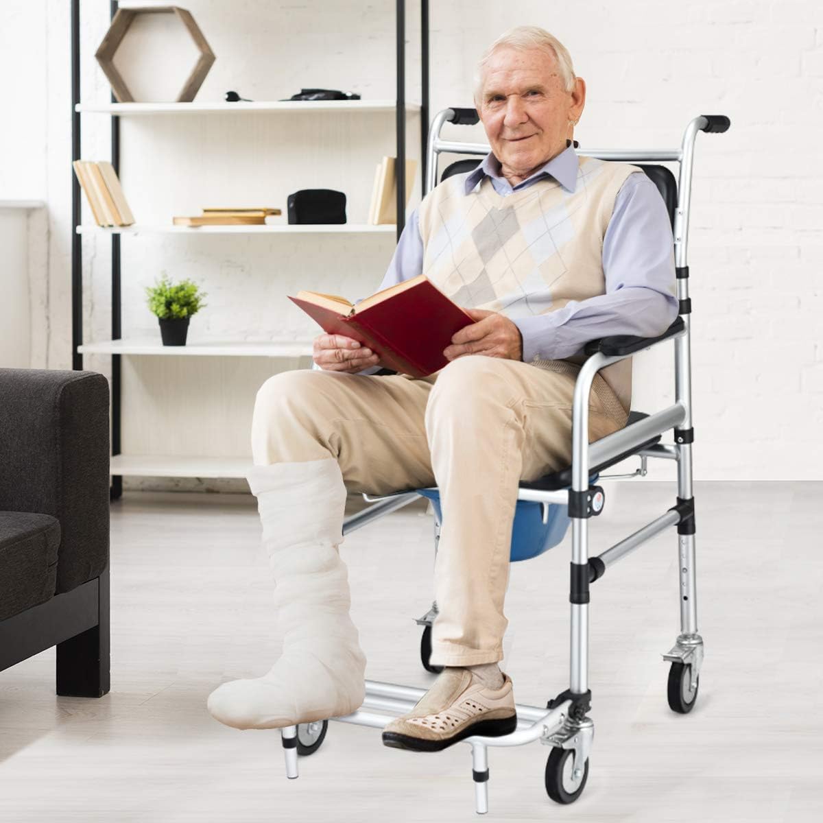 Giantex 3 in 1 Lightweight Shower Commode, Transport Bedside Commode with Wheels, Adjustable Height and Pedal, Shower Wheelchair for Elder