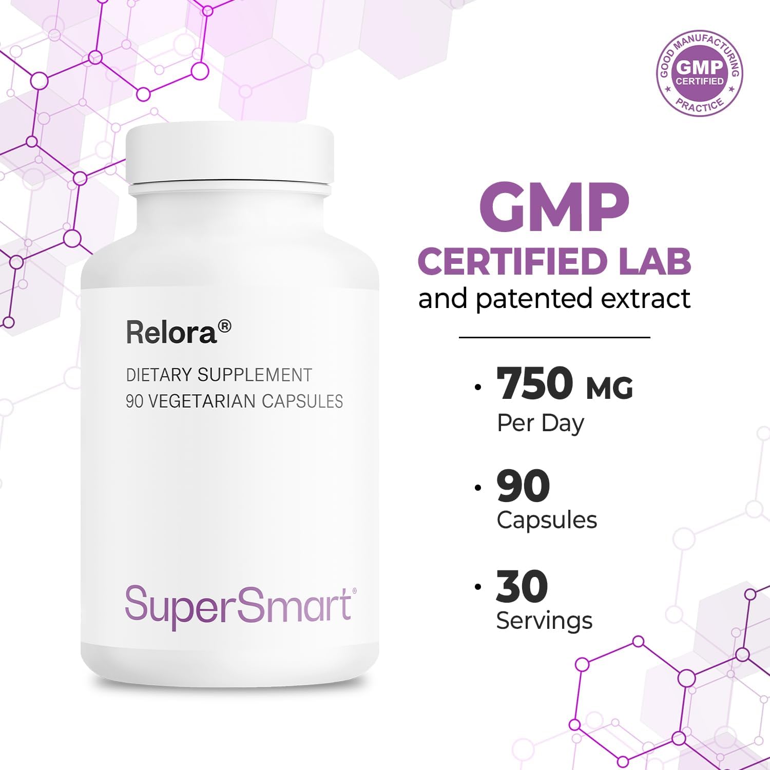 SuperSmart Relora 750mg per Day - Magnolia Officinalis & Phellodendron Amurense Extract Supplement | Non-GMO & Gluten Free - 90 Vegetarian Capsules