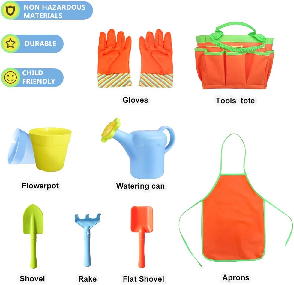Kids Garden Tools Set with Sun Hat,Gloves,Apron,Storage Bag,Watering can,2pcs of Pots and 3pcs of Tools for Realing Gardening or Sand Outdoor Play