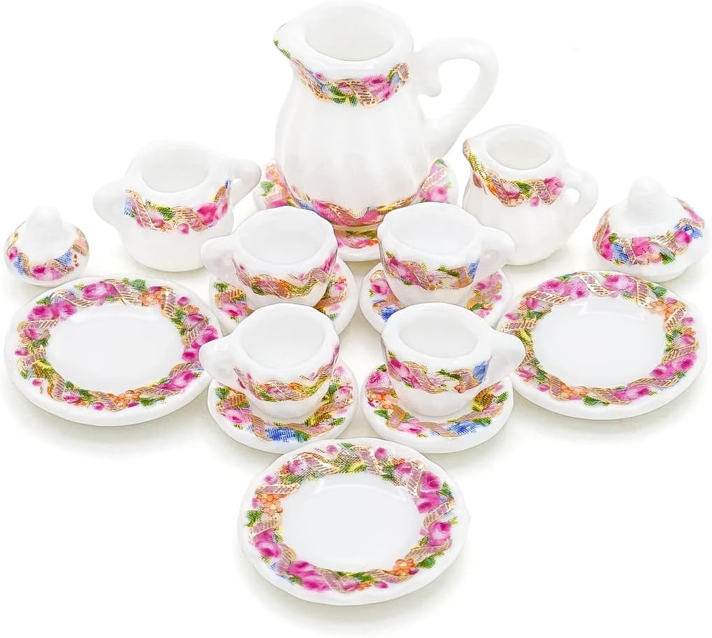 Odoria 1/12 Miniature Porcelain Tea Set 15Pcs Dollhouse Decoration Accessories, Grapes