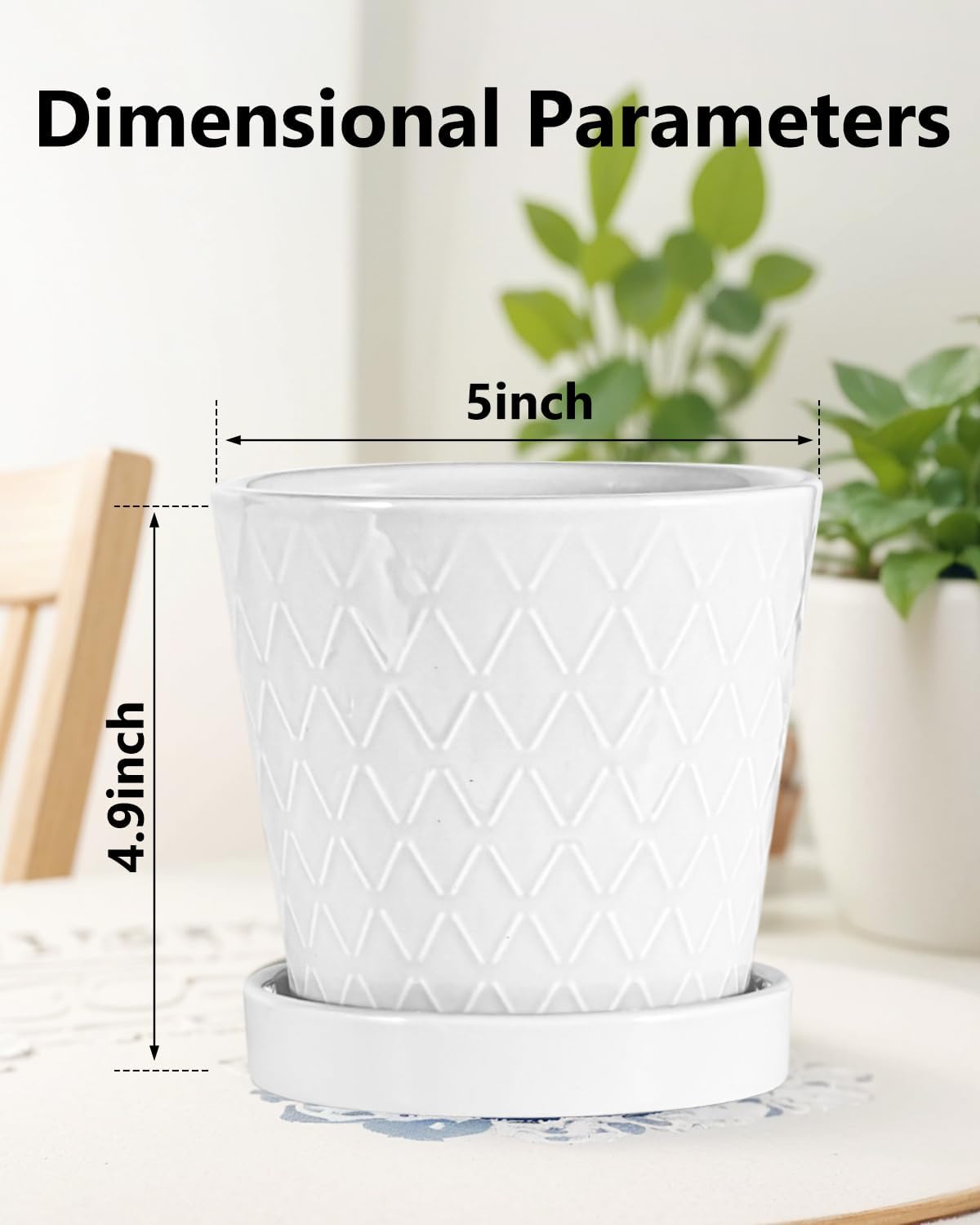 EFISPSS Ceramic Plant Pots, 5 Inch Planters with Drainage Holes and Ceramic Tray, Relief Design Flower Planter