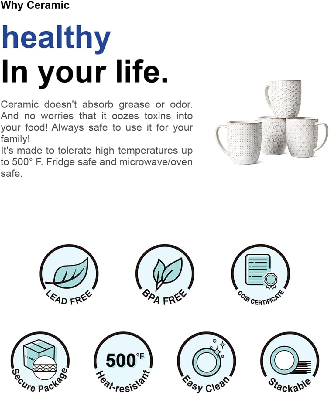 LE TAUCI Coffee Mugs 16 oz, Ceramic Mug Set, Embossment Cups for Latte, Hot Tea, Cappuccino, Mocha, Cocoa, Dishwasher Safe