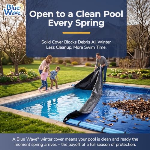 Blue Wave Arctic Armor 14x28-ft Rectangular In-Ground Pool Winter Cover | Solid polyethylene, black underside, heat-sealed seams, grommets, cable, winch, 5-ft overlap, 15-yr support, blocks debris
