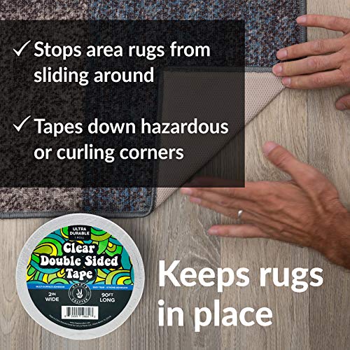HIPPIE CRAFTER Clear Double Sided Tape, 2 Inch Wide Heavy-Duty Adhesive, Removable Mounting Tape for Posters, Carpets, Wall-Safe Use, Crafts