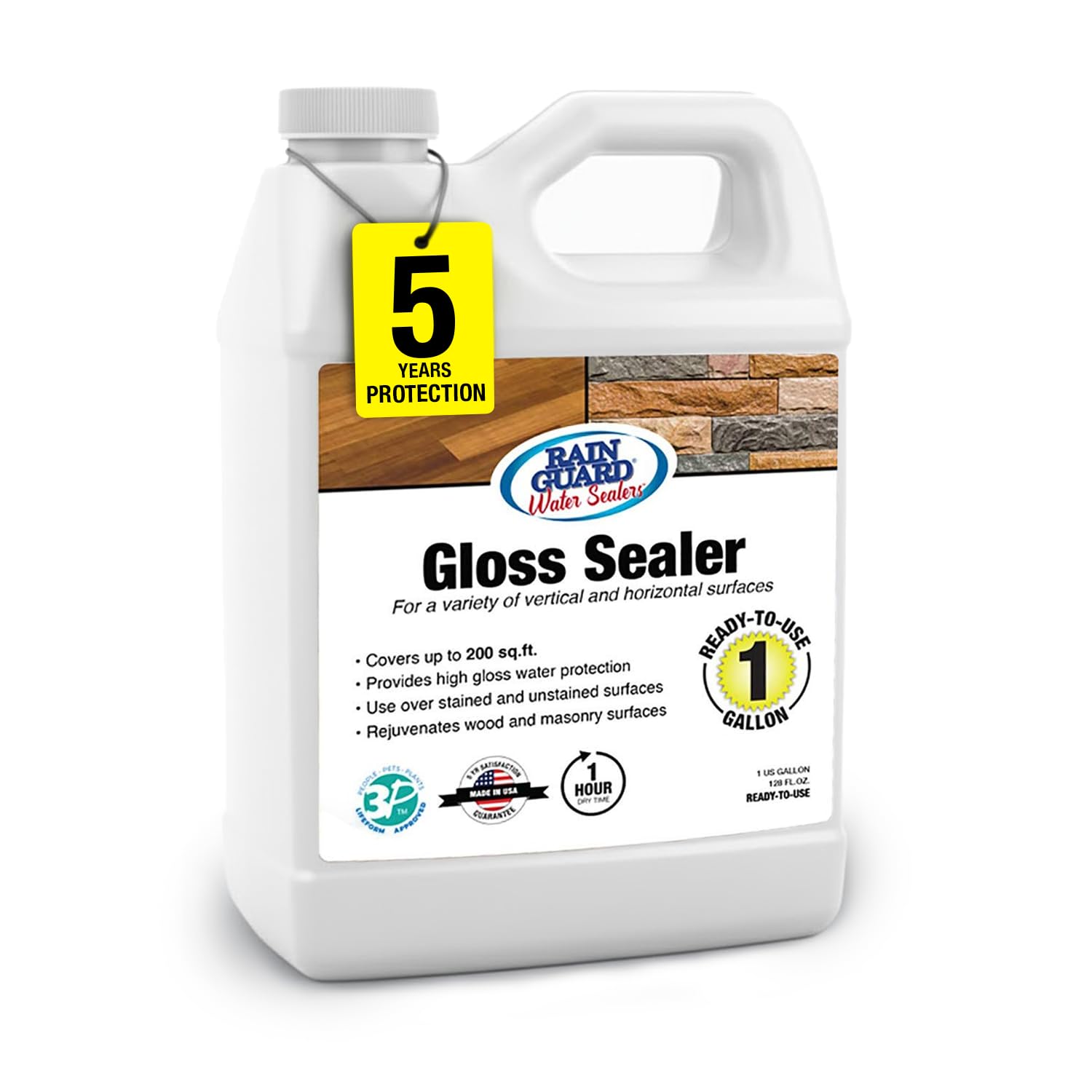 Rainguard Clear Gloss Sealer, Wet Look Water Based Silicone Acrylic Waterproofer for Concrete, Wood, Brick, Stone & Masonry Surfaces, Ready to Use, 1 Gallon | Water Based Silicone Acrylic For Wood, Brick, Stone & Masonry Surfaces, Ready To Use For Pavers…