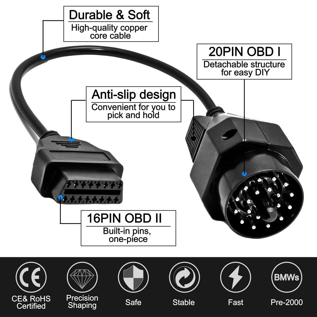 OBD OBD2 16 Pin Connector Diagnostic Adapter Cable Compatible for BMW 20 Pin