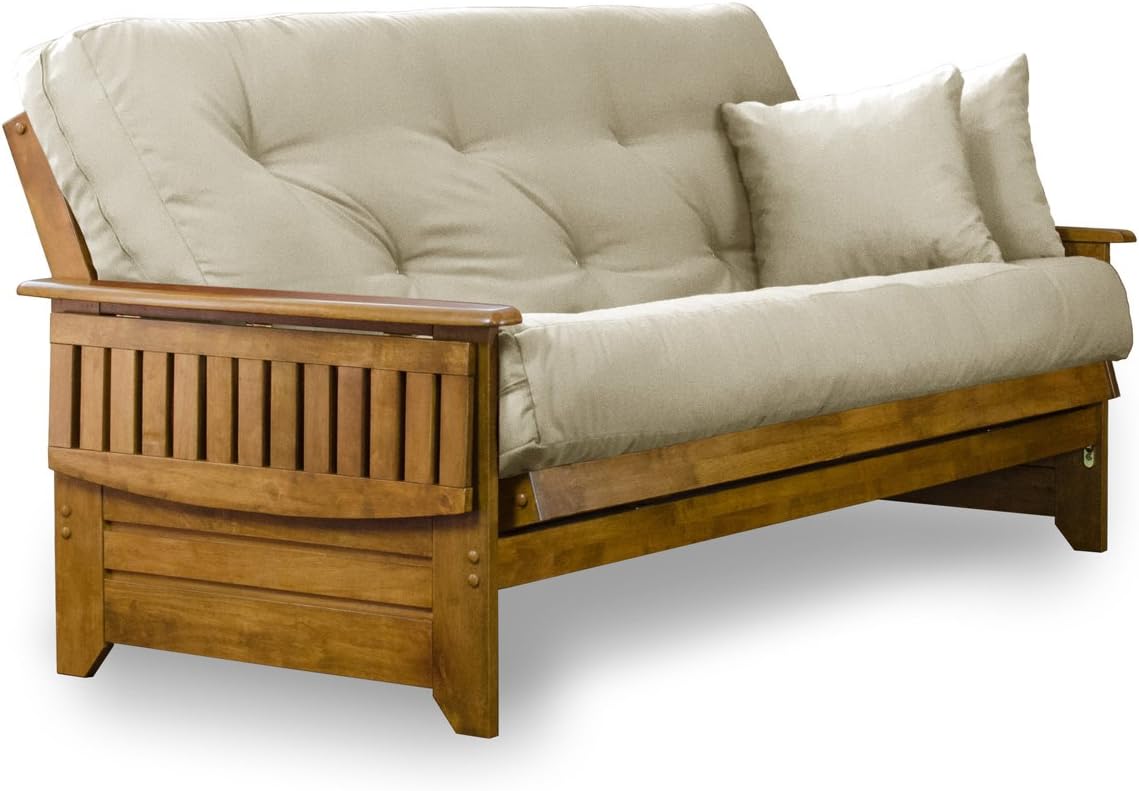 Brentwood Tray Arm Futon Sofabed Set - Queen Frame, 8" Microfiber Fudge Mattress, Heritage Finish