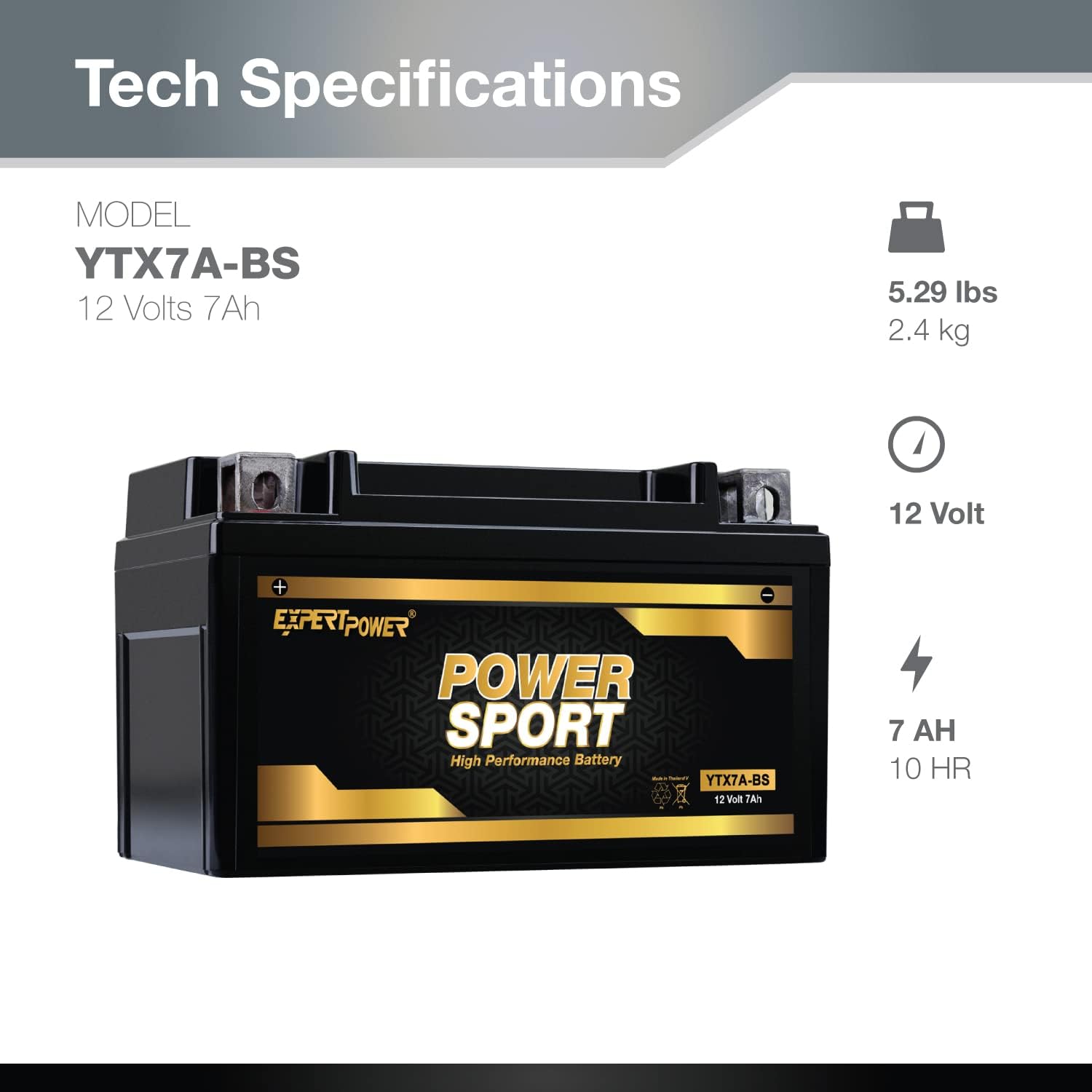 ExpertPower YTX7A-BS 12V 7Ah AGM Motorcycle Battery 180 CCA OEM Fit | SLA Powersports Batteries for 4 Wheeler, Dirt Bike, Scooter