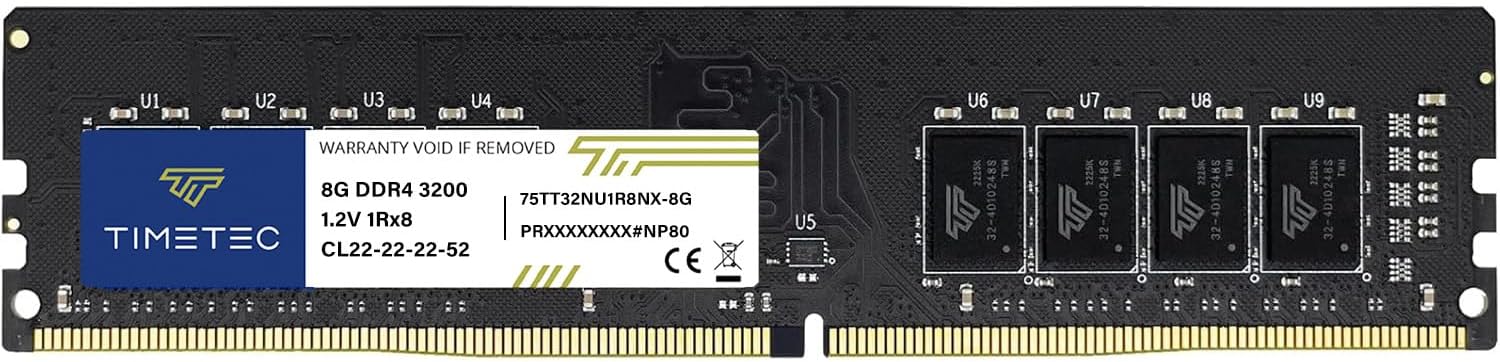 Timetec 8GB DDR4 3200MHz (PC4-3200AA) PC4-25600 UDIMM Desktop RAM – 288-Pin 1.2V CL22 Non-ECC Unbuffered DIMM Memory Module Upgrade