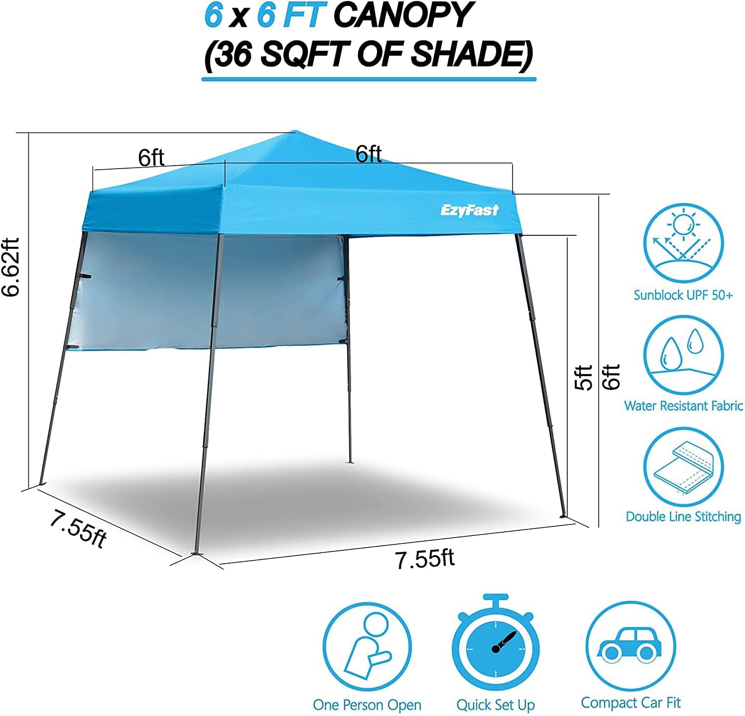 EzyFast Ultra Compact Backpack Canopy, Pop Up Shelter, Portable Sports Cabana, 7.5 x 7.5 ft Base / 6 x 6 ft top for Hiking, Camping, Fishing, Picnic