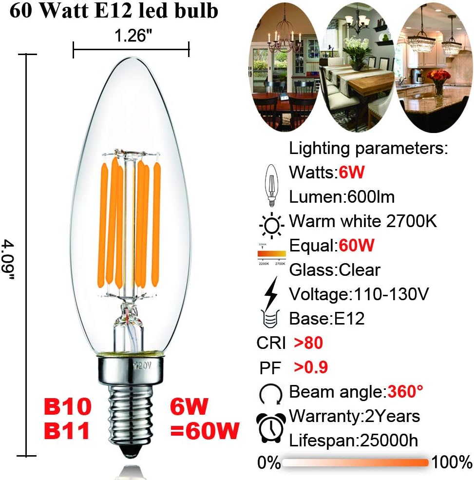 LiteHistory B10 E12 Led Bulb,Light Bulbs 60 watt Soft White,Dimmable,2700K | 6w=60w Led Light Bulbs,600lm,AC120V,360°,ETL,B11,Candelabra Light Bulbs for Chandelier Light Bulbs,Ceiling Fan,Pendant,12Pack
