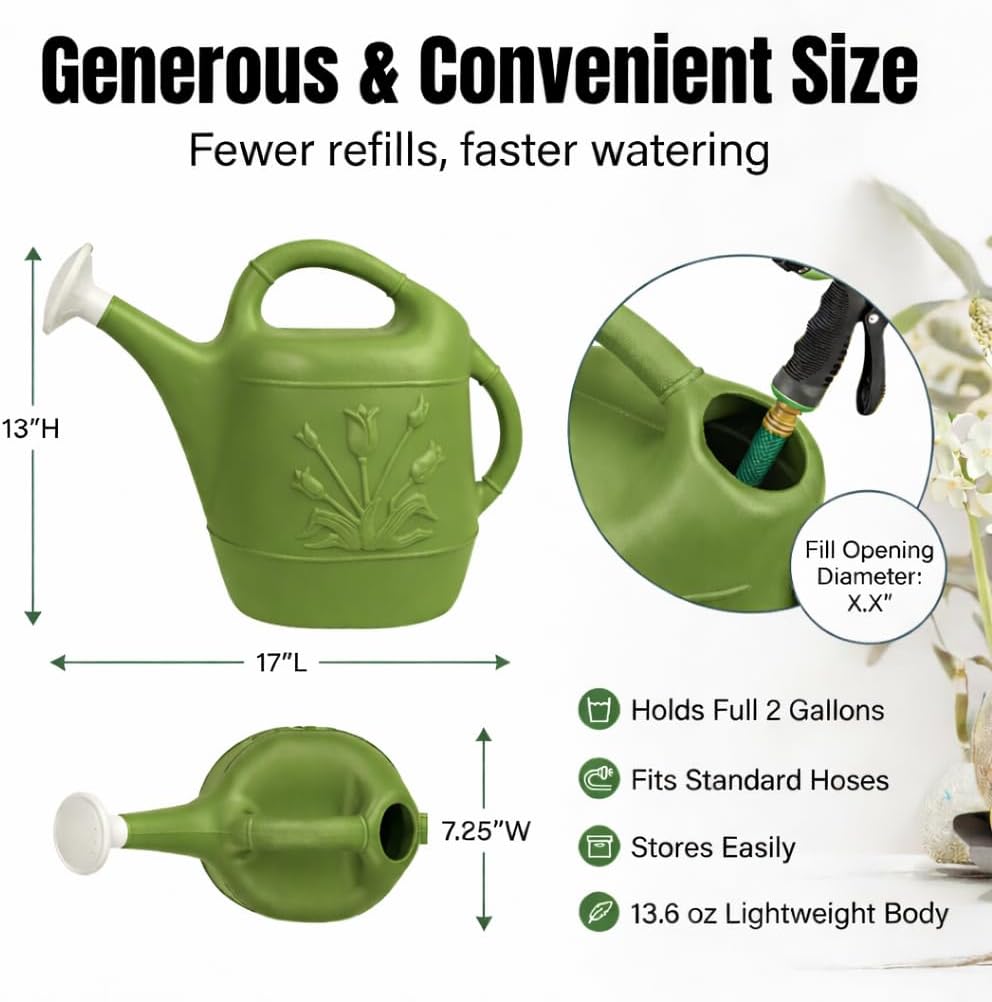 PMU 2 Gallon Watering Can - Garden Watering Can for Indoor & Outdoor Plants - Plastic Water Can with Detachable Sprinkler Head - Large Water Pot, Made in USA - Hunter Green Pkg/1