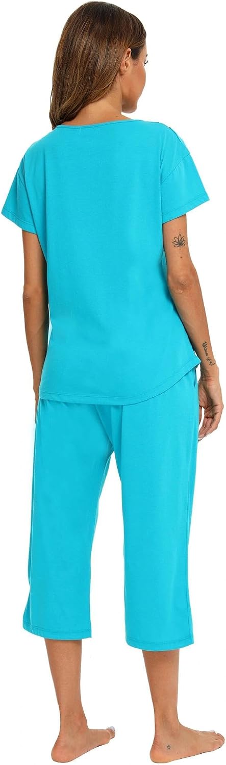 ENJOYNIGHT Womens Pajama Set Cotton Short Sleeve Top With Capri Pants Pj