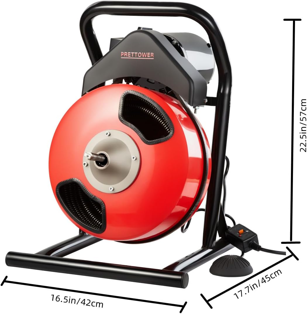 drain cleaner machine，50 Ft x1/2 Inch Electric drain auger, Portable Design, Comes with 6 knife heads, gloves，Foot air switch control