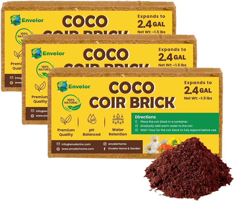 Envelor Organic Coco Coir Brick 10 Lbs. Coir Block Coconut Fiber Growing Medium Potting Soil Mix Coco Peat Media Coir Pith Indoor Outdoor Planters Vegetable Garden Beds