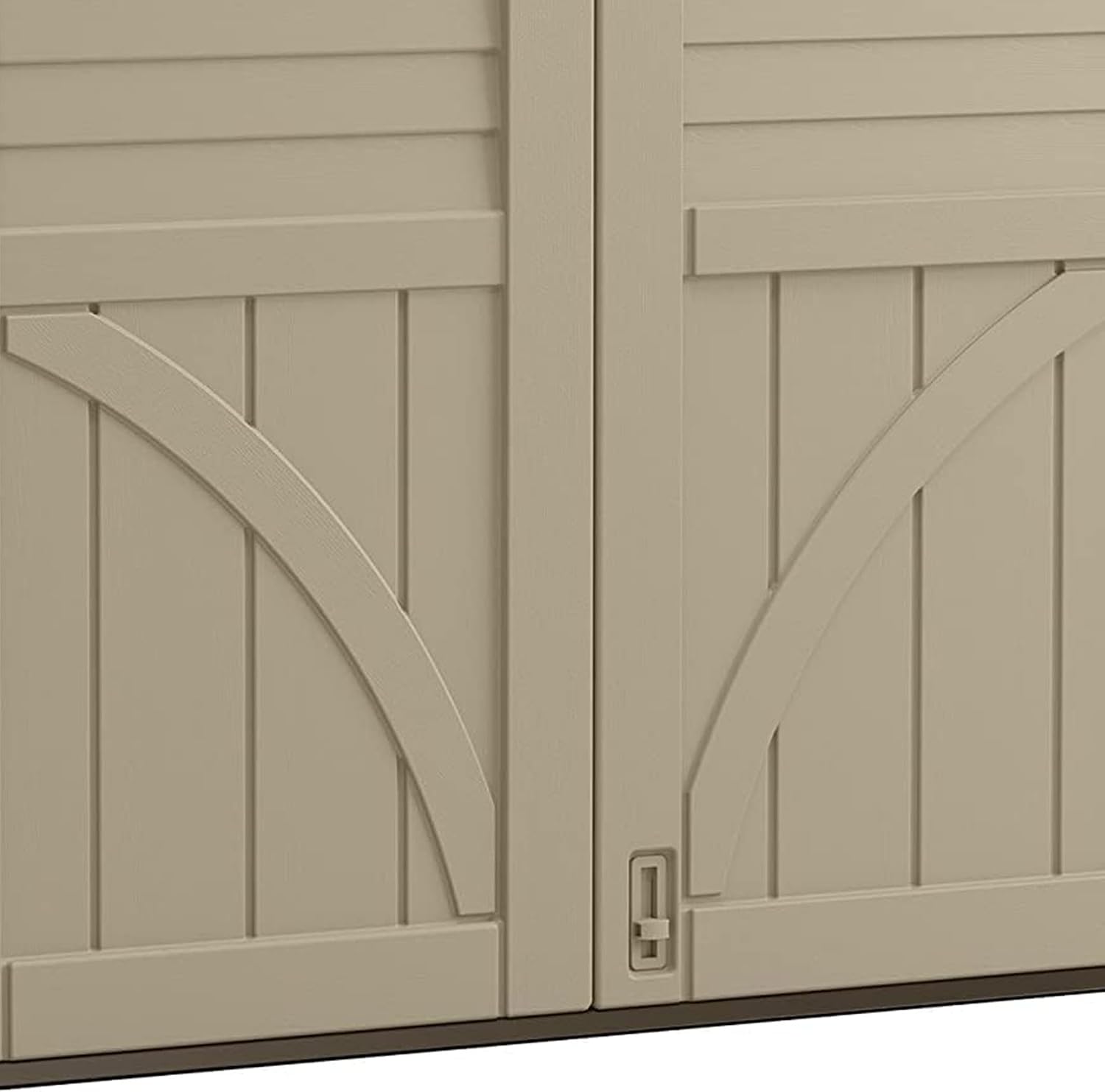 Suncast Horizontal Shed, Compact Outdoor Storage System, 34 Cu. Ft. Capacity, Sand & Slate - Lockable Multi-Wall Resin Organizer for Garbage Cans