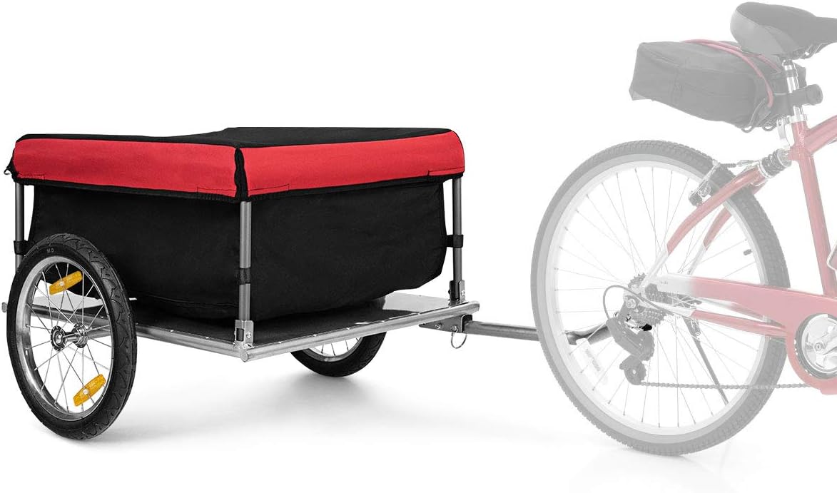 Goplus Bike Cargo Trailer, Foldable Bicycle Trailer with 16” Wheels, Removable Cover, Oxford Fabric, Folding Frame Quick Release