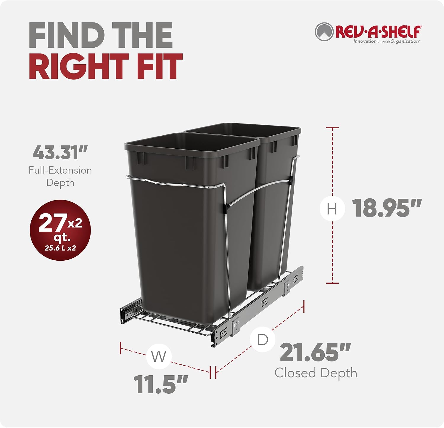 Rev-A-Shelf Double 27 Qt Pullout Trash Can for Base Kitchen Cabinets, Garbage Waste Bin System with Full Extension Slides, Min Opening Width of 11.5", Metallic Silver, RV-15KD-17C S