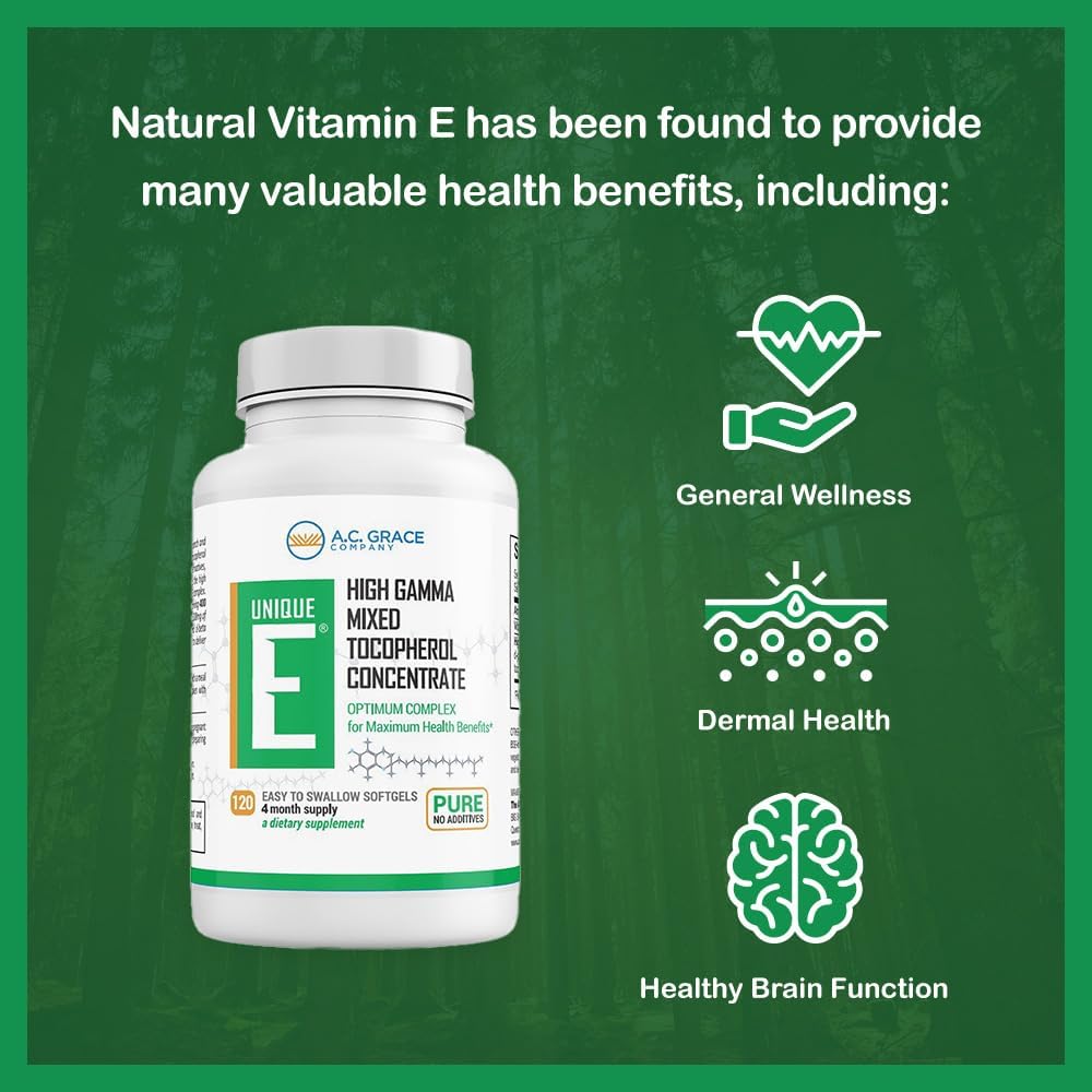 UNIQUE E A.C. Grace Company Mixed Tocopherols 120 Soft Gels, Supports Healthy Brain Function, General Health, and Aging Support