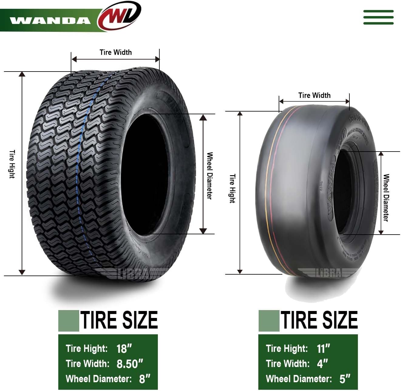 WANDA Set 4 Lawn Mower Turf Tires 16x6.5-8 & 23x10.5-12 /4PR -13019/13049 | Riding Lawn Mover, Garden Tractor
