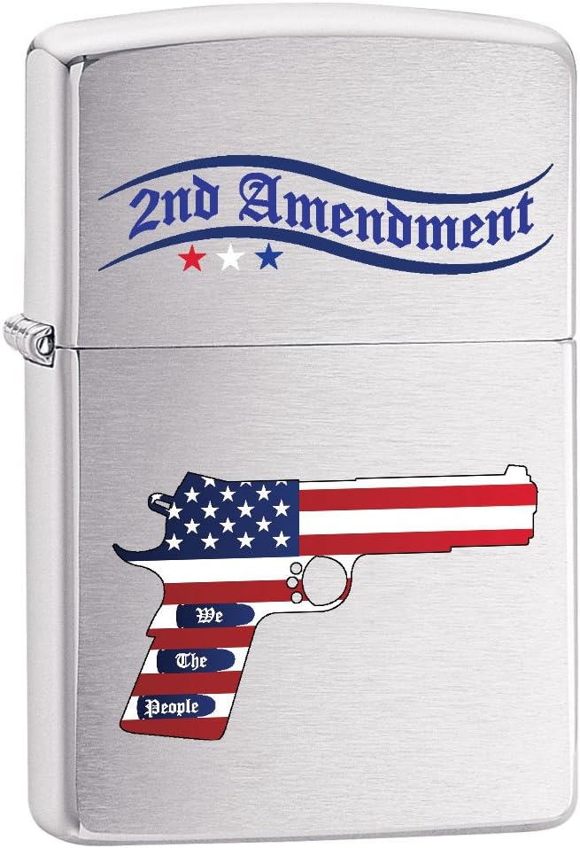 Zippo Lighter: Second Amendment Gun and American Flag - Brushed Chrome 79545