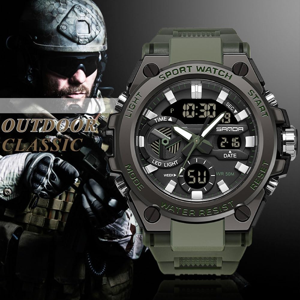 KXAITO Men's Watches Sports Outdoor Waterproof Military Watch Date Multi Function Tactics LED Alarm Stopwatch