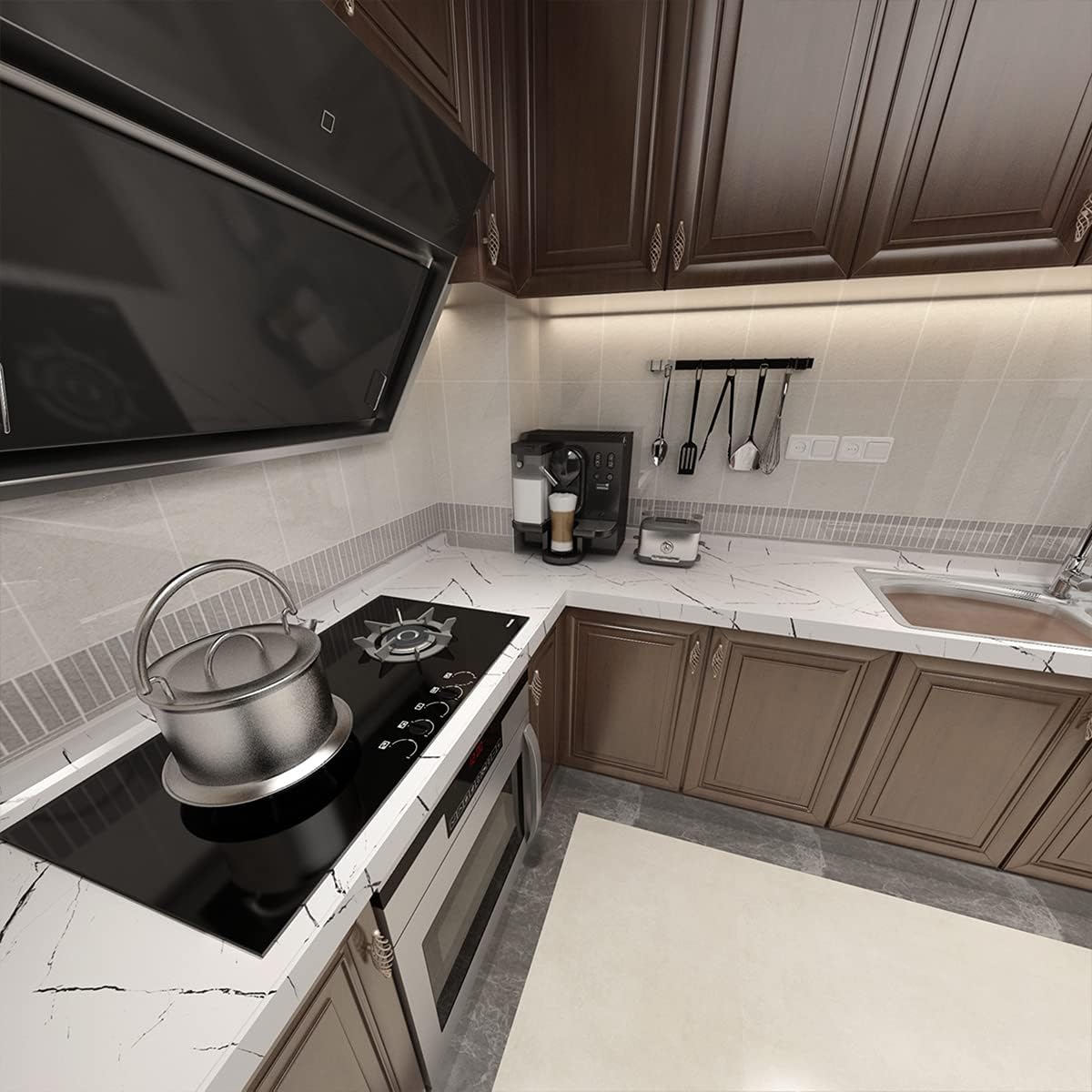 48x197inch Extra Wide Black White Marble Wallpaper Peel Stick Glossy Thick Waterproof Furniture Sticker Granite Look Contact Paper DIY Wall Sticker Self-adhesive Countertop Vinyl Wrap for Kitchen