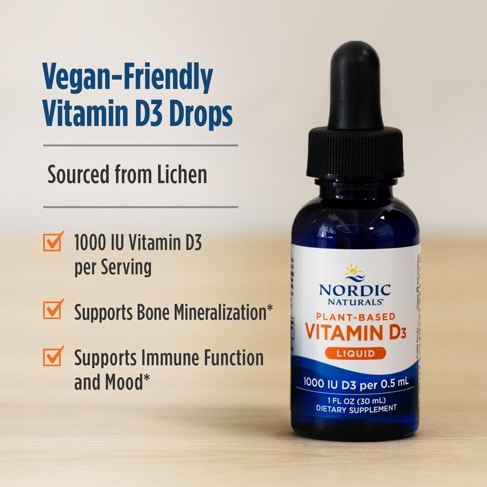 Nordic Naturals Plant-Based Vitamin D3 Liquid - 1 oz - 1000 IU Vitamin D3 - Healthy Bones, Mood & Immune System Function - Non-GMO