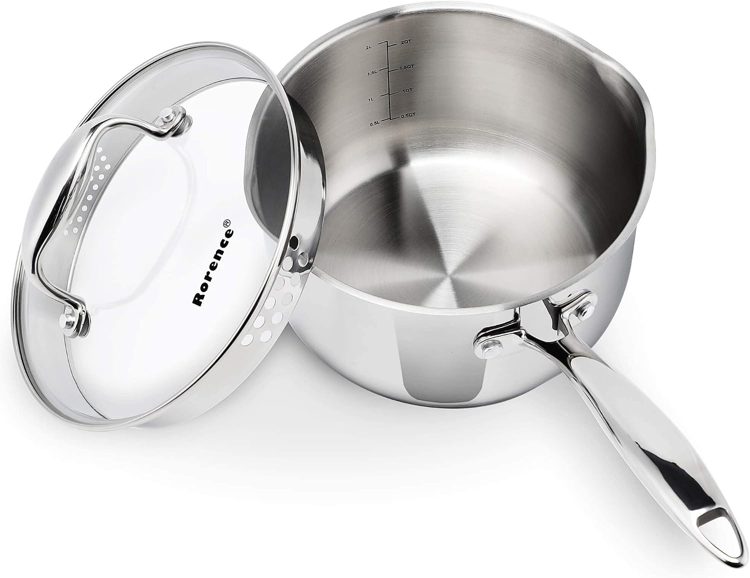 Rorence 3.7 Quart Stainless Steel Induction Sauce Pan with Lid | Stainless Steel Pot Saucepan with Pour Spout & Glass Lid with Strainer