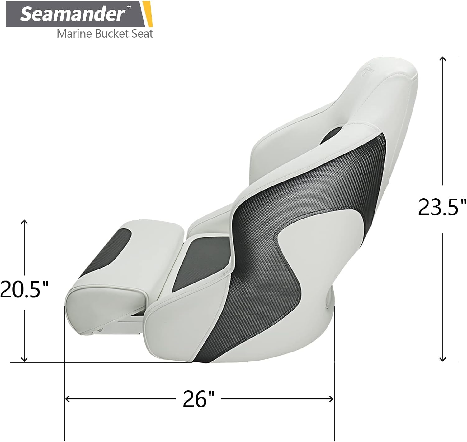 Seamander Boat Captains Chair,Captain Bucket Seat with Flip Up Bolster,Integral Rotomolded Frame, Premium EPDM Foam Material, Marine Grade Vinyl (A-White/Charcoal)