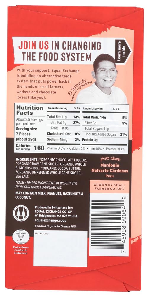 Equal Exchange Organic Dark Chocolate with Almonds & Sea Salt (55% Cacao), 3.5 oz (Pack of 10)