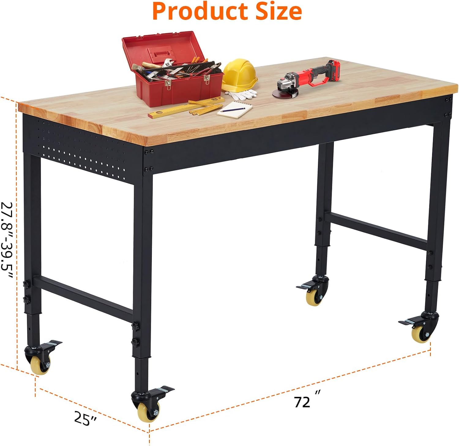 48’’x24’’ Adjustable Workbench,Workbench with Drawers,Darage Workbench with Pegboard,2000 LB Load Capacity,4 Rolling Casters, Power Outlets, Metal Frame,for Garage, Workshop, Home, Office
