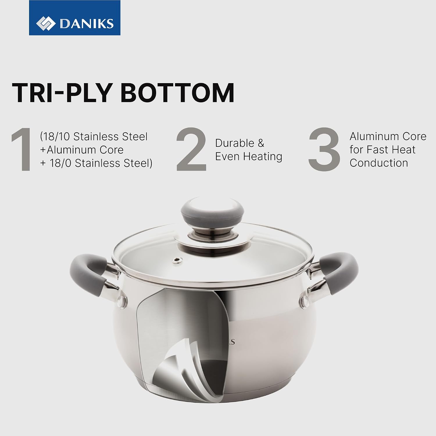 Daniks Modern 4 Quart Stainless Steel Stock Pot with Glass Lid, Tri-Ply Bottom for Even Heating, Induction Compatible, Dishwasher Safe