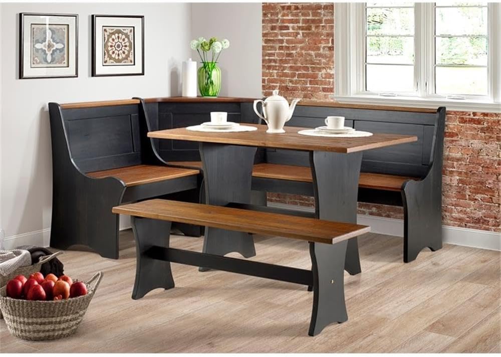 Linon Jackie Solid Wood 3 Piece Conversation Indoor Kitchen Corner Breakfast Dining Nook Set in Black