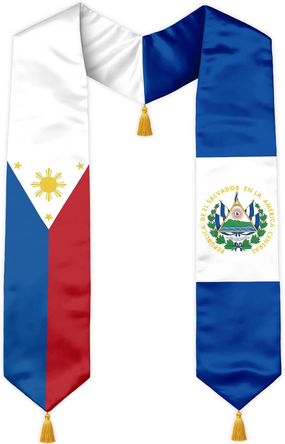 Class of 2026 Dual Flag Graduation Stole with Gold Tassels, Half and Half Country Flag Satin Sash, V-Neck