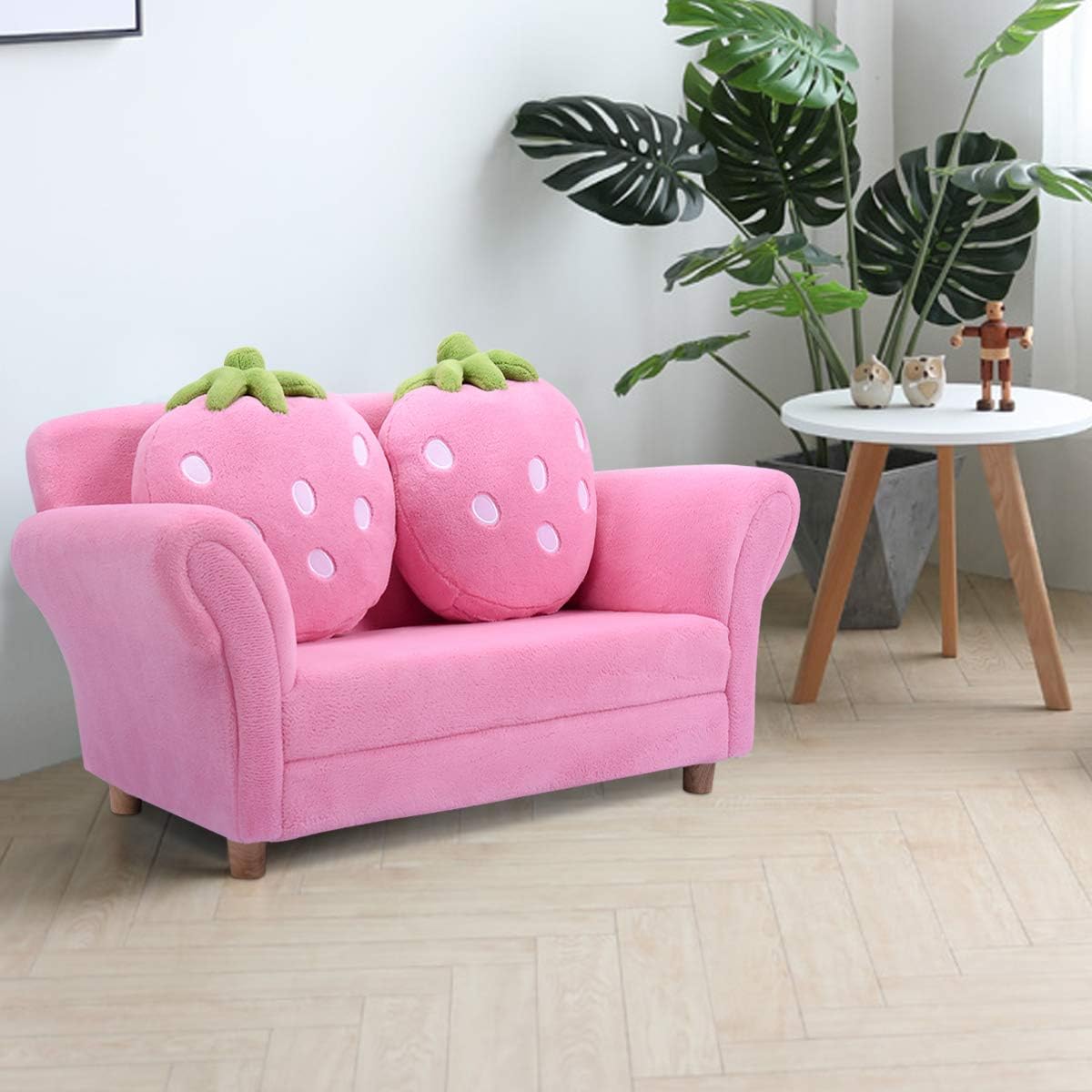 Costzon Kids Couch, Double Seat Pink Children's Sofa with 2 Strawberry Pillows, Toddler Armrest Chair for Bedroom, Living Room