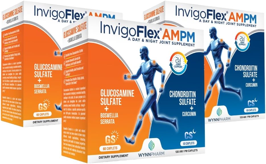 INVIGOFLEX® AMPM - Glucosamine & Chondroitin Sulfate - Turmeric Curcumin - Boswellia Serrata (Non GMO) for Knees, Hands, Back and Hip 24 - Hour Premium Joint Supplement