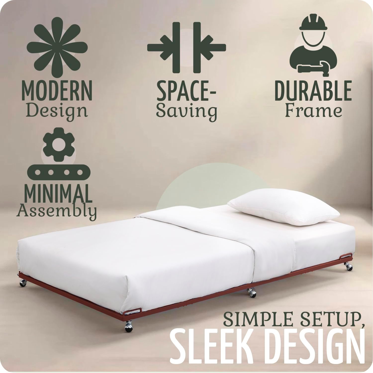 2K Furniture Designs - Twin Size Black Metal Roll Out Trundle Bed Frame for Daybed | Space-Saving Guest Bed - Slides Under Daybeds for Overnight Visitors, Dorms, and Small Spaces