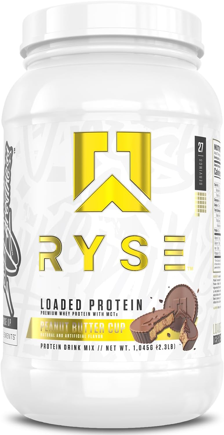 RYSE Loaded Protein Powder - Peanut Butter Cup - 25g Whey Protein Isolate & Concentrate with Prebiotic Fiber & MCTs - Low Carb, Low Sugar
